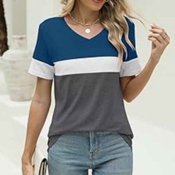 3/$20 EUC Minetom Women's Color Block Short Sleeve V-Neck Soft Tee Shirt Large - Picture 7 of 12